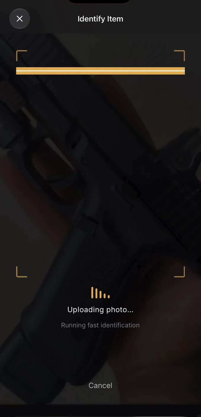Armory AI scanning a photo of a pistol and identifying it as a Glock 45 Gen 5 MOS, 9mm